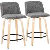 Toriano 24" Swivel Counter Stool in Natural Wood & Grey Noise Fabric with Black Footrest (Set of 2)